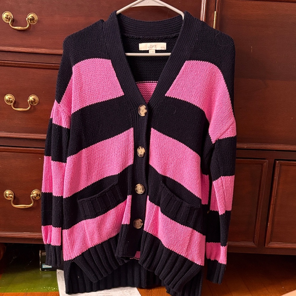LOFT Pink and Black Striped Cardigan